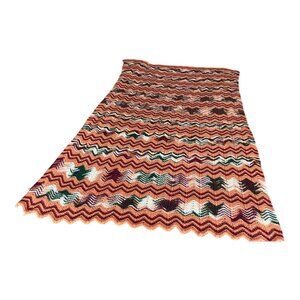 Vintage Hand-Knitted Chevron Blanket – 40 x 69 – Retro Zigzag Throw
